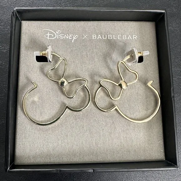 BaubleBar Minnie Mouse Silhouette Gold Tone Hoop Earrings NEW - Picture 1 of 2